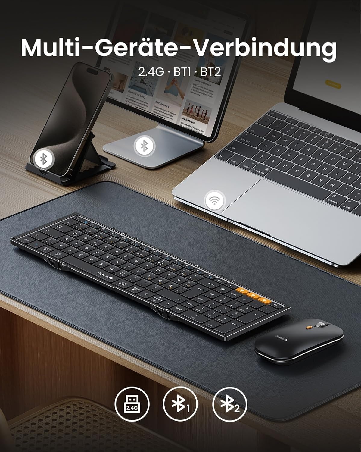 Opvouwbaar toetsenbord en muis set, full-size met numeriek toetsenblok, 2.4G & Dual Bluetooth, QWERTZ-lay-out voor Windows, Mac, Android