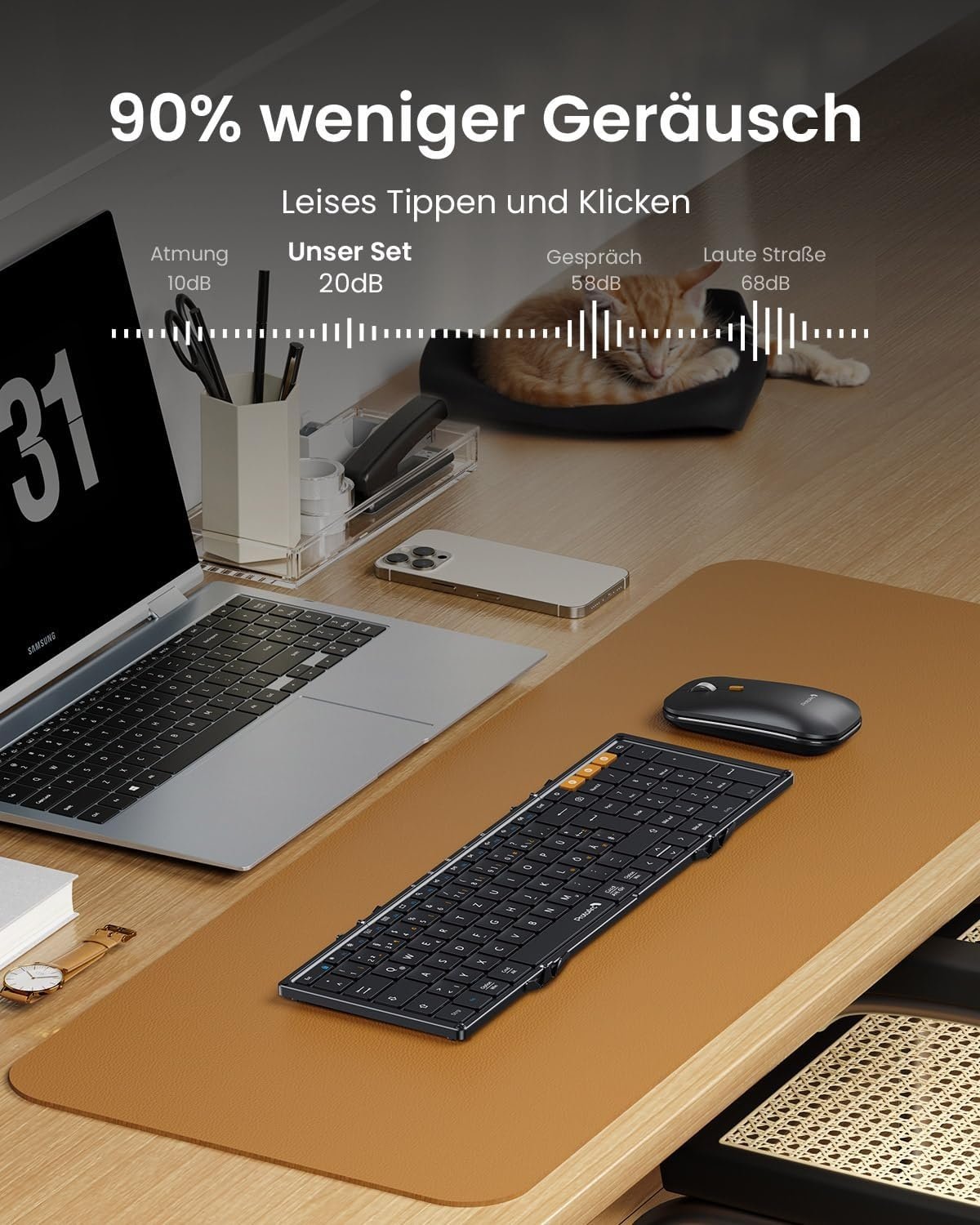 Opvouwbaar toetsenbord en muis set, full-size met numeriek toetsenblok, 2.4G & Dual Bluetooth, QWERTZ-lay-out voor Windows, Mac, Android