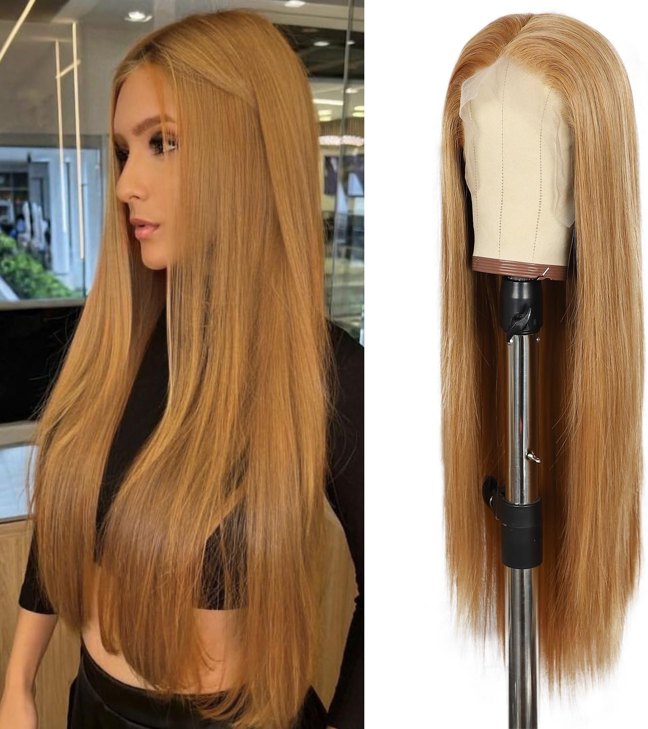 Pruik Lange Rechte Synthetische Geelbruine 13x6 Lace Front Dames Hittebestendig 150% Dichtheid 66 cm