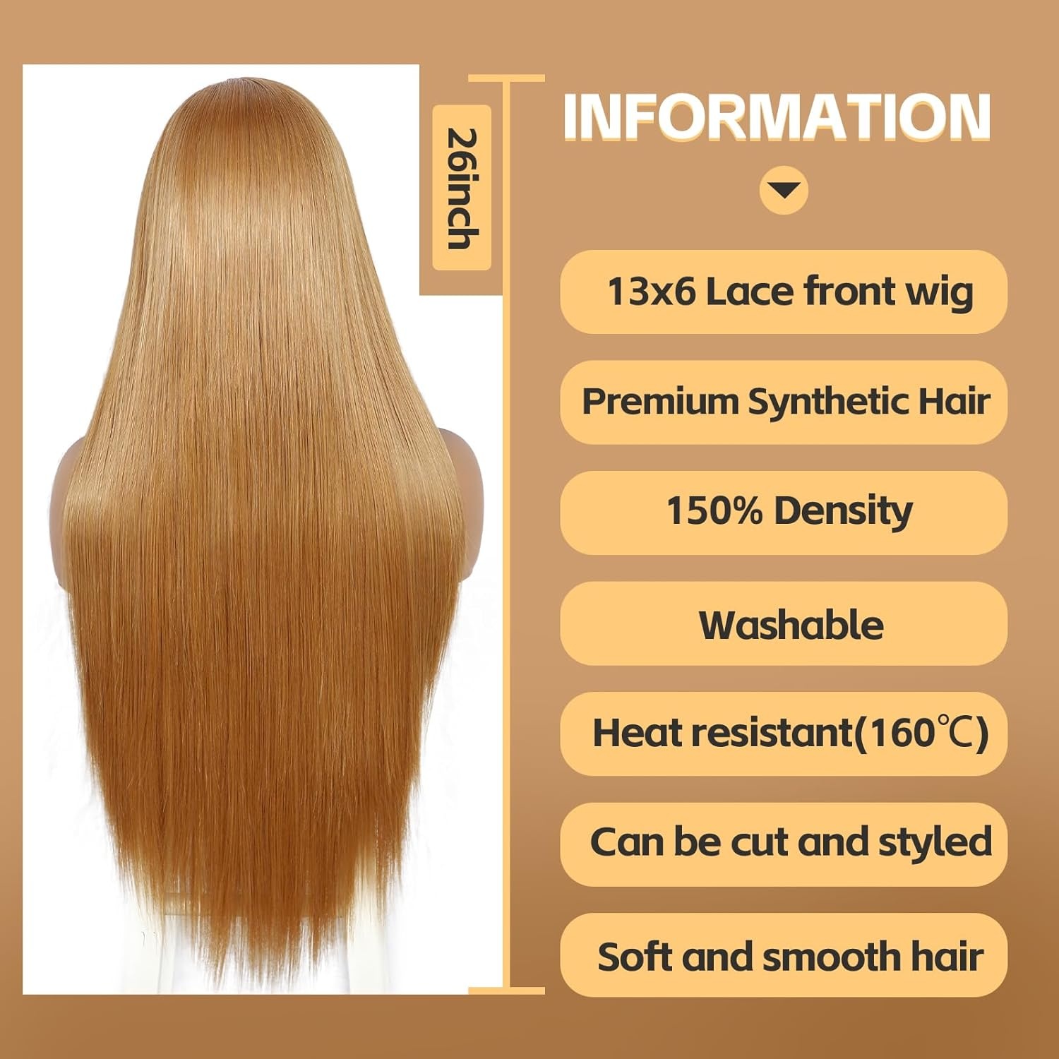 Pruik Lange Rechte Synthetische Geelbruine 13x6 Lace Front Dames Hittebestendig 150% Dichtheid 66 cm