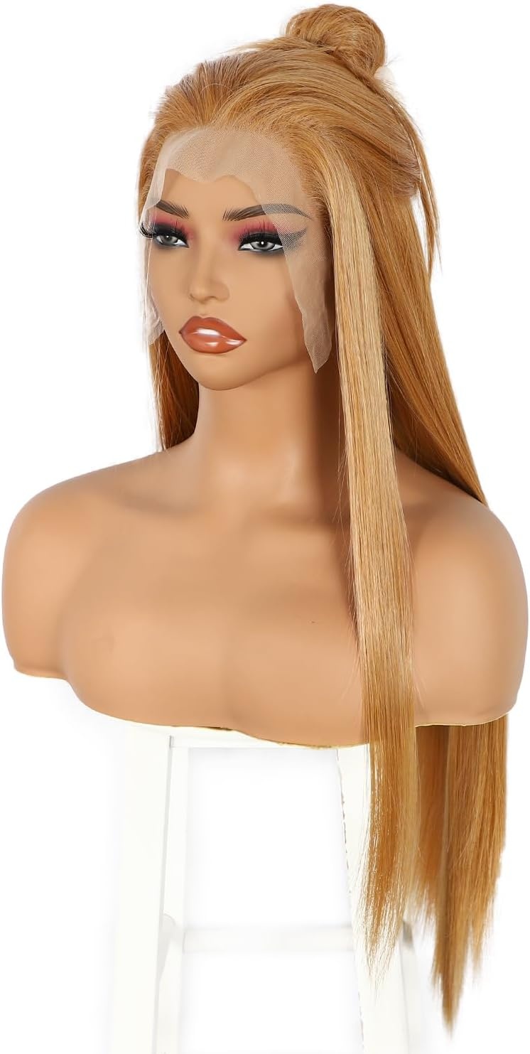 Pruik Lange Rechte Synthetische Geelbruine 13x6 Lace Front Dames Hittebestendig 150% Dichtheid 66 cm