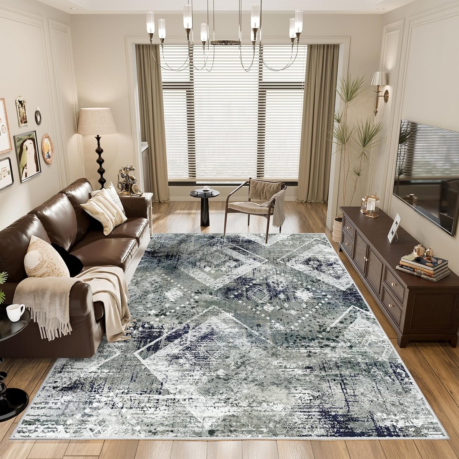 Abstract Vintage Vloerkleed Blauwgroen 200x300 cm - Antislip & Wasbaar Tapijt met 10mm Dikke Spons voor Woonkamer & Slaapkamer