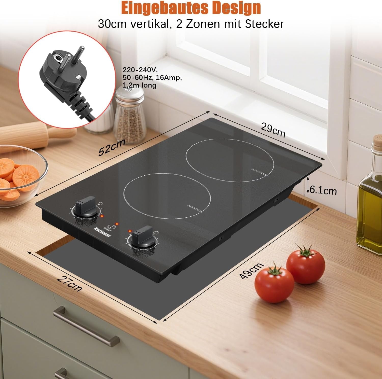 Inductiekookplaat 30 cm - 2 Zones - 3500W - Met Draaiknop - Inclusief Aansluitstekker