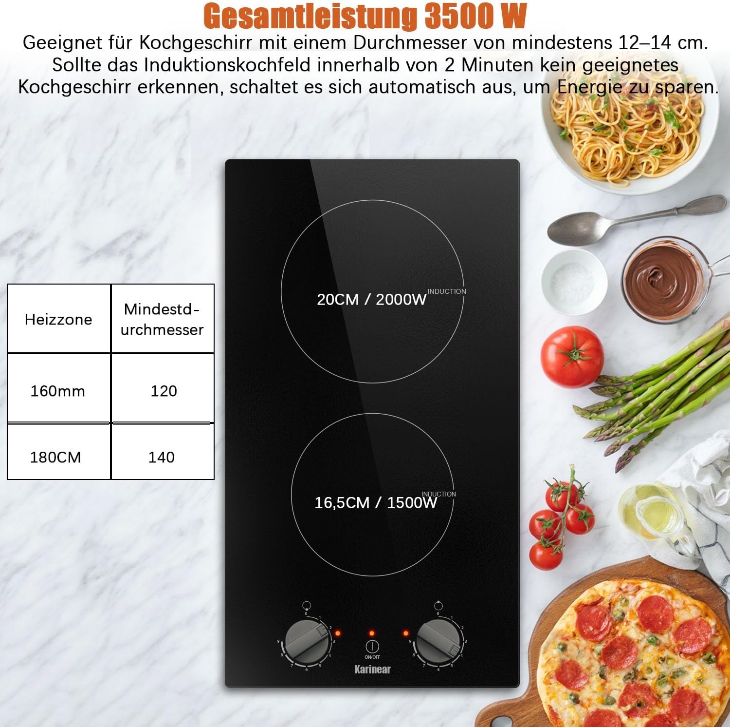 Inductiekookplaat 30 cm - 2 Zones - 3500W - Met Draaiknop - Inclusief Aansluitstekker