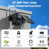 Draadloze Buitencamera met Zonnepaneel, 2K, 360° Pan/Tilt, PIR Alarm, Kleur Nachtzicht, IP65 Waterdicht