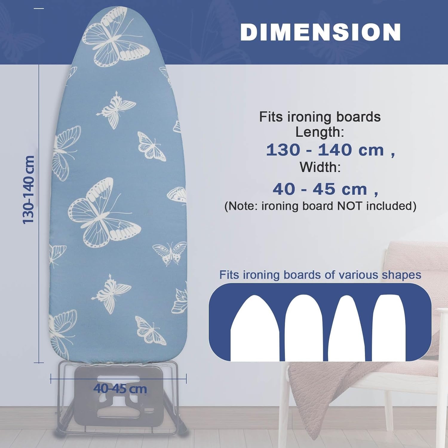 Strijkplankhoes met dikke vulling, hittebestendig & reflecterend - 100% katoen - 130-140x40-45 cm