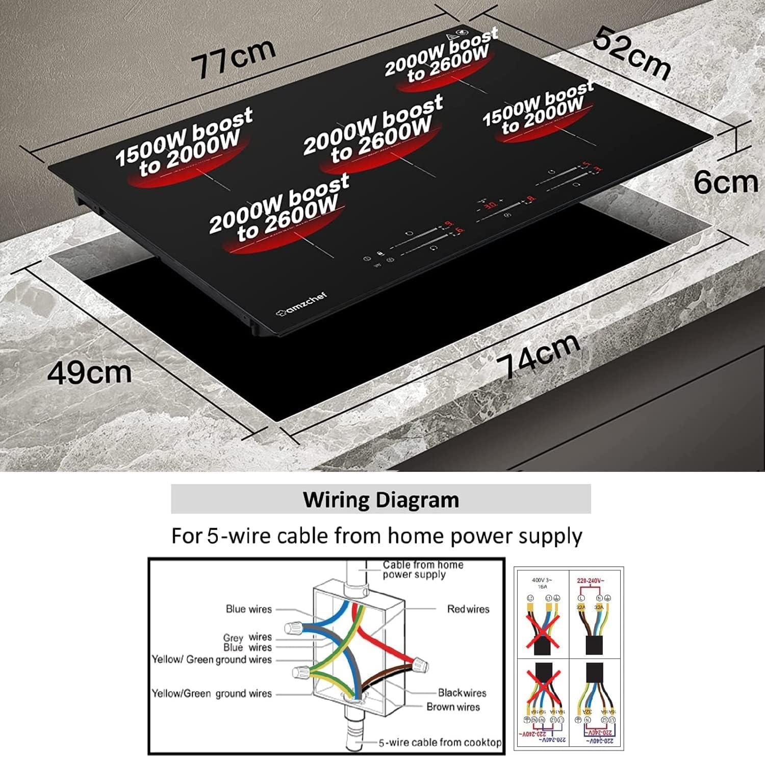 Inbouw Inductiekookplaat 5 Zones 9 Vermogensniveaus Booster Schuifregelaar Timer