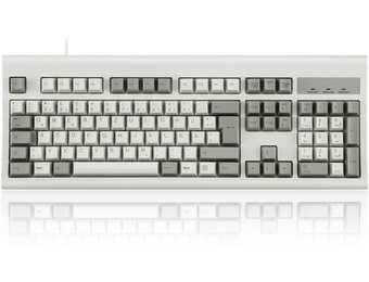Toetsenbord USB bekabeld volledig formaat, ergonomisch retro/vintage design, hoge toetsenhub, grijs/wit