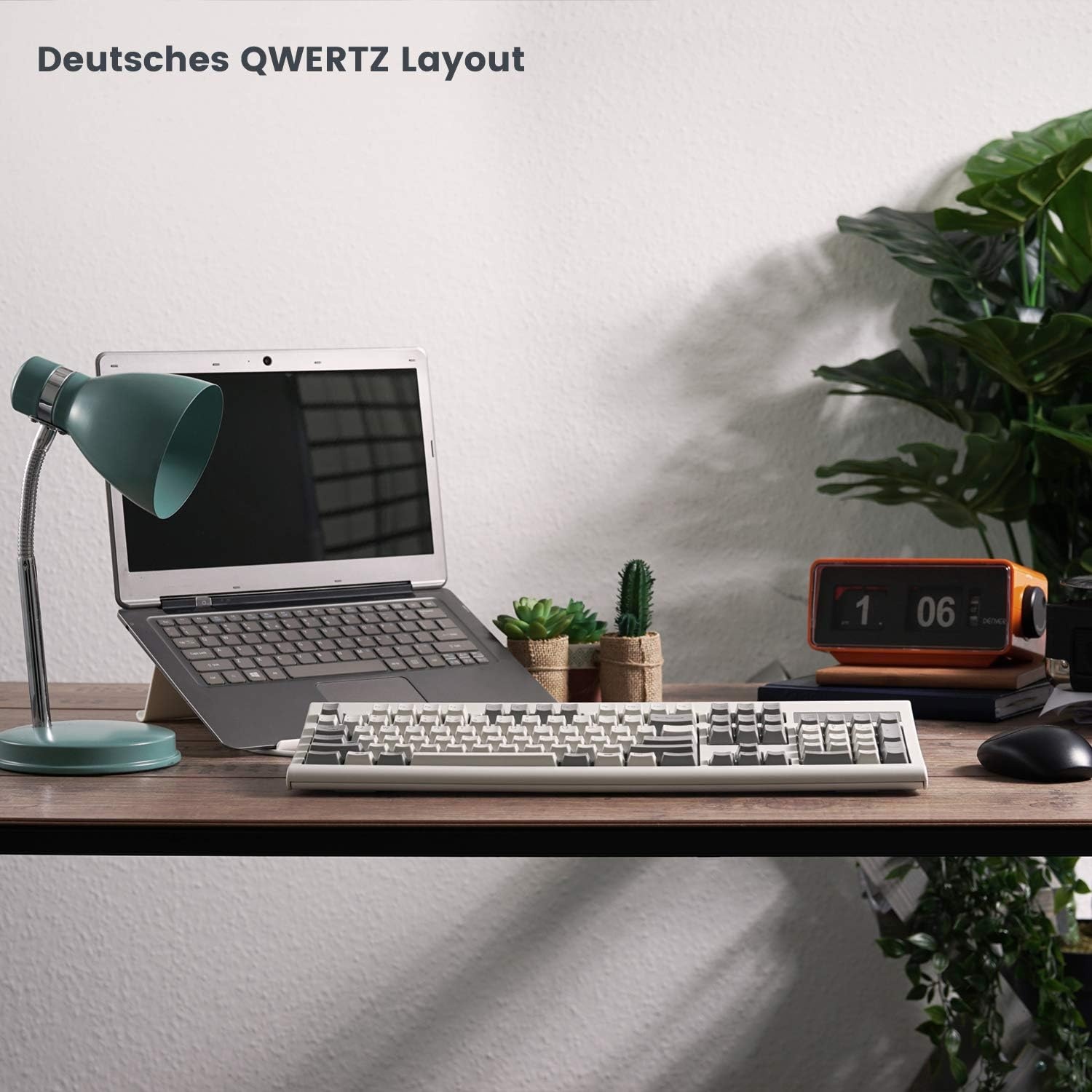 Toetsenbord USB bekabeld volledig formaat, ergonomisch retro/vintage design, hoge toetsenhub, grijs/wit