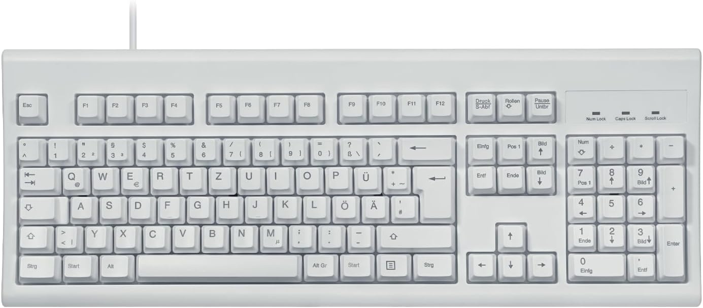 Toetsenbord USB bekabeld volledig formaat, ergonomisch retro/vintage design, hoge toetsenhub, grijs/wit