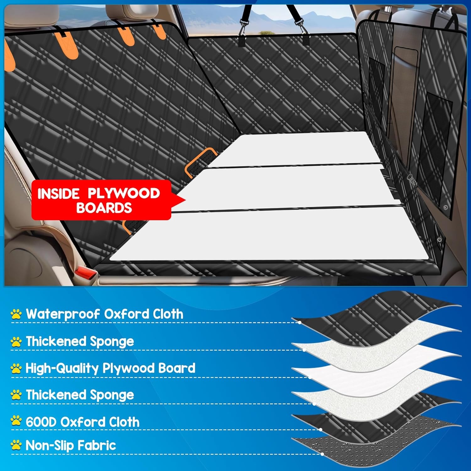 Hondendeken Auto Achterbankverlenging Multifunctioneel 6-in-1 Waterdicht Afneembaar met Harde Bodem, Gaasvenster & Kofferbakbescherming, 127x62,5 cm