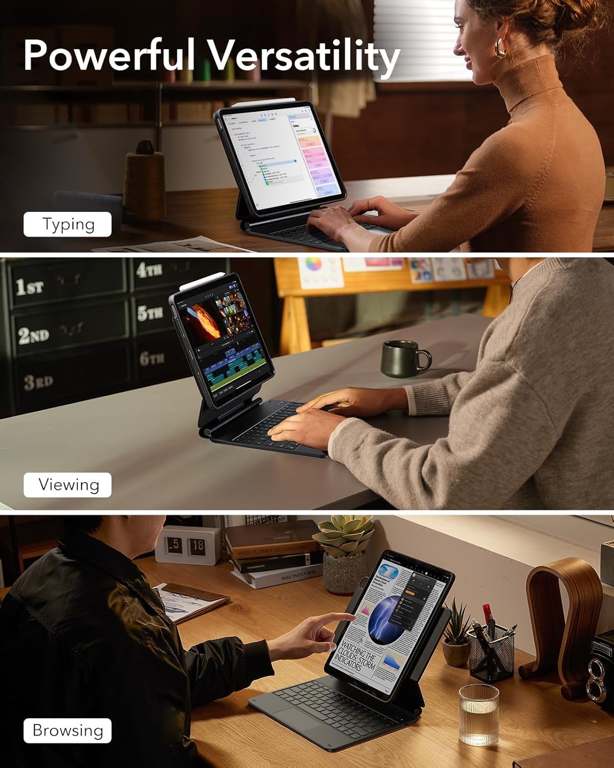 Toetsenbordhoes voor iPad Pro 13-inch (M4, 2024) met verstelbare magnetische standaard, hoge modus, verwijderbare hoes, Rebound 360-serie, antraciet