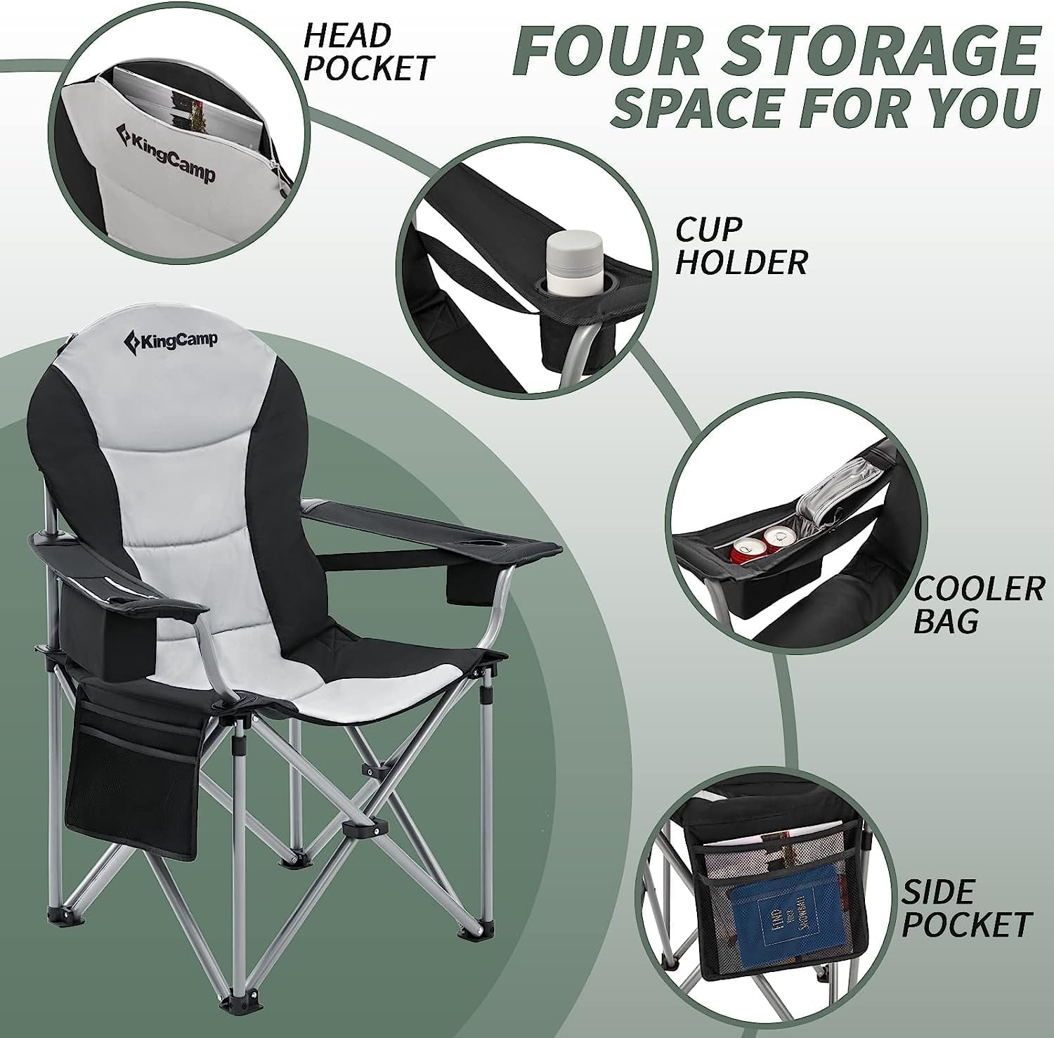 Opvouwbare Campingstoel XL tot 160 kg met Verstelbare Hoge Rugleuning, Gevoerd, Koeltas en Bekerhouder, Zwart