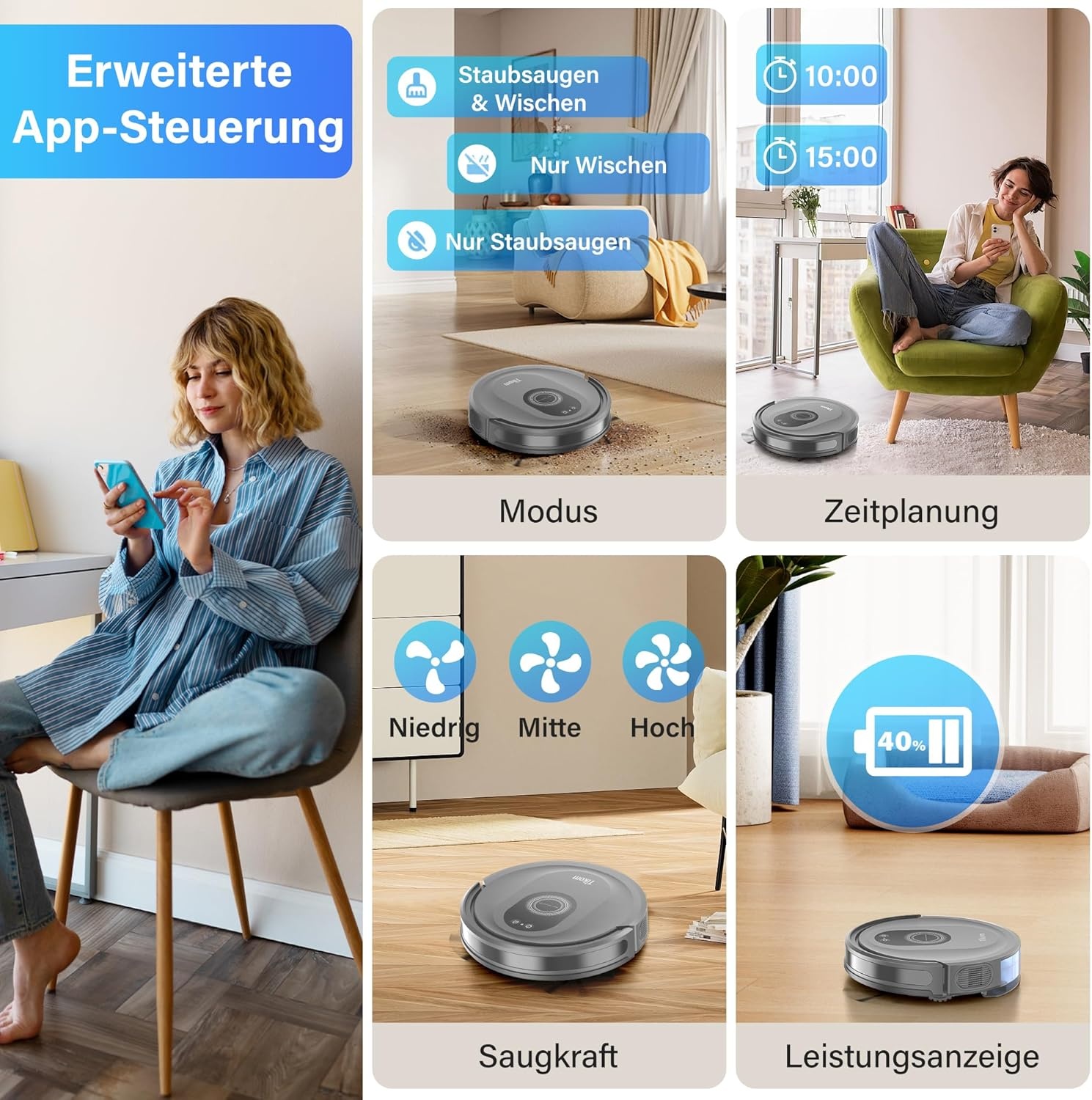 Robotstofzuiger met dweilfunctie 2-in-1, 4500 Pa zuigkracht, zelfopladend, wifi, 150 min, voor dierenharen, tapijt & harde vloeren