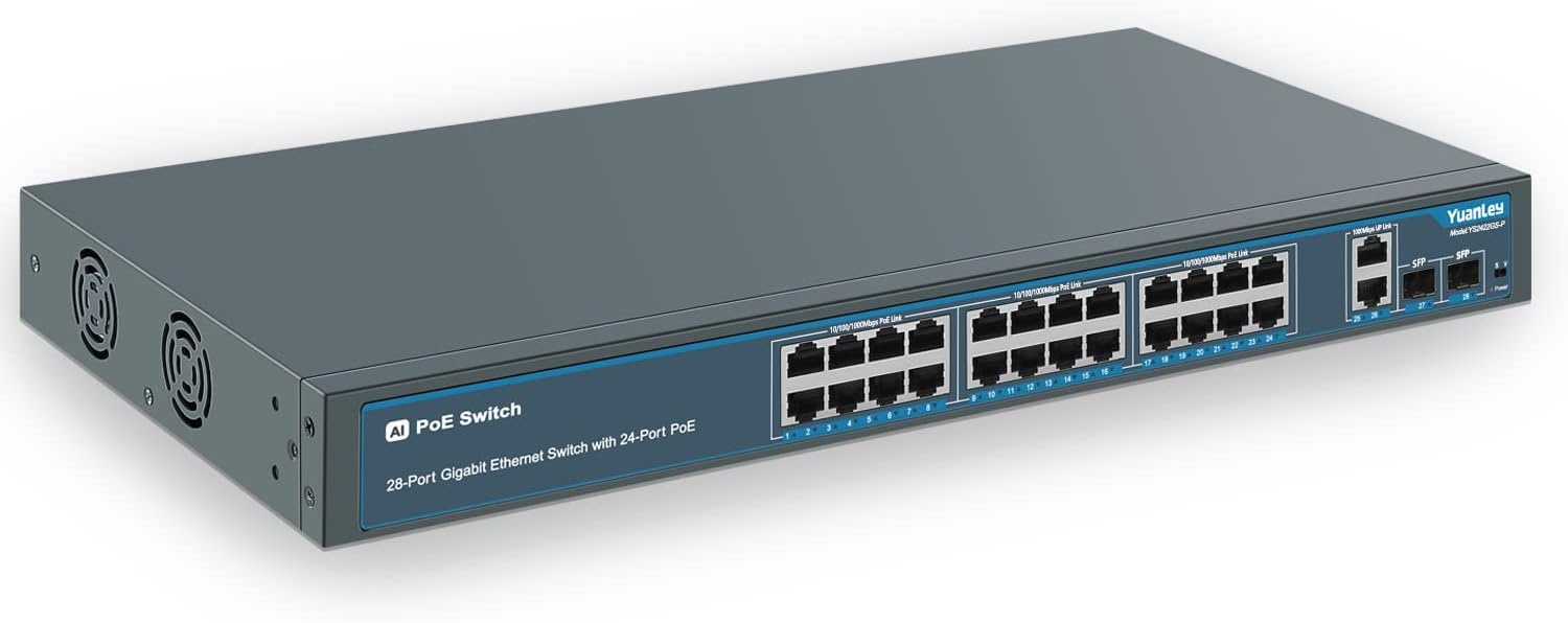 Gigabit PoE-switch 28-poorts met 24x PoE+ (400W), 2x Gigabit Uplink, 2x SFP, AI Watchdog, VLAN, onbeheerd, metaal voor desktop/rackmontage