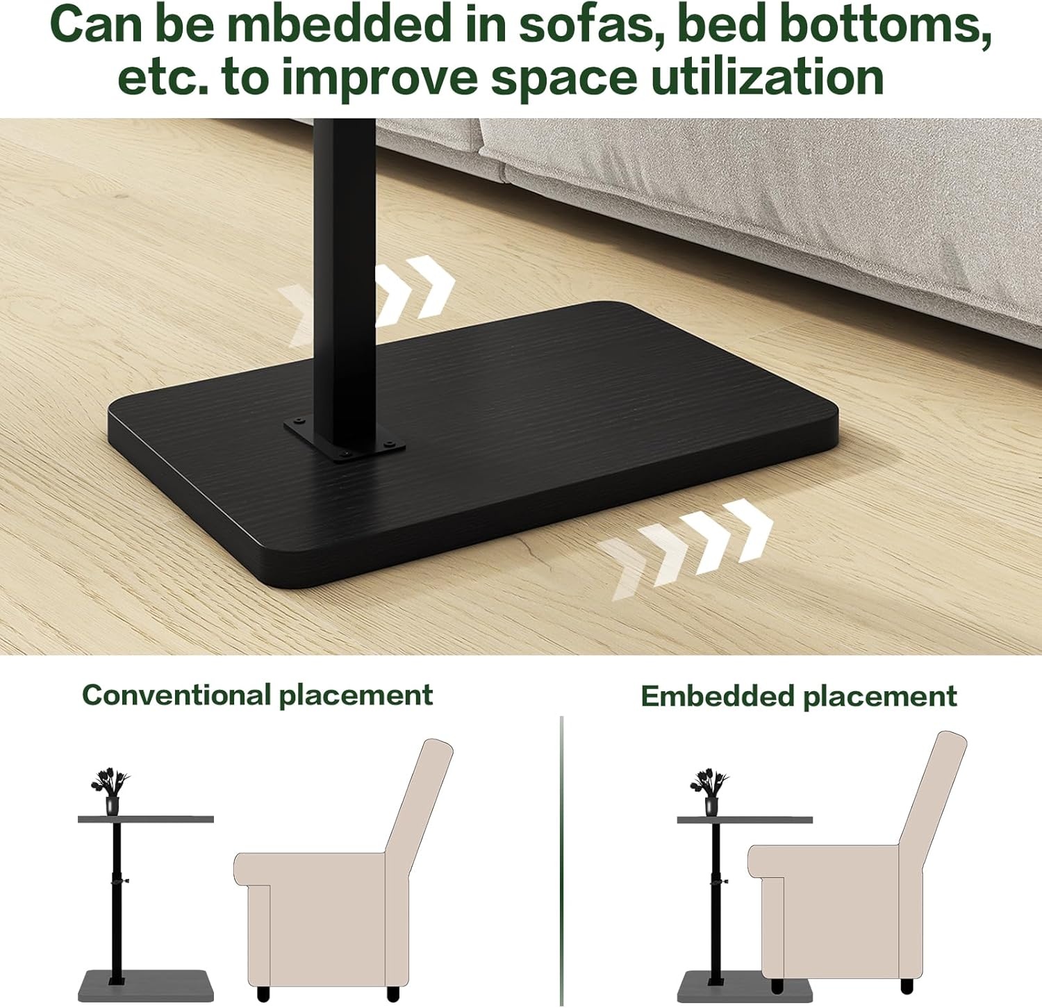 C-vormige bijzettafel 360° draaibaar in hoogte verstelbaar met telefoon/tablet sleuf voor bank/bed zwart