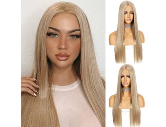 Pruik voor vrouwen Asblond Lang Recht Lace Front Middenscheiding Synthetisch Hittebestendig 150% Dichtheid 26 Inch