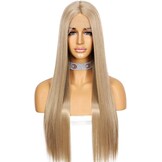 Pruik voor vrouwen Asblond Lang Recht Lace Front Middenscheiding Synthetisch Hittebestendig 150% Dichtheid 26 Inch