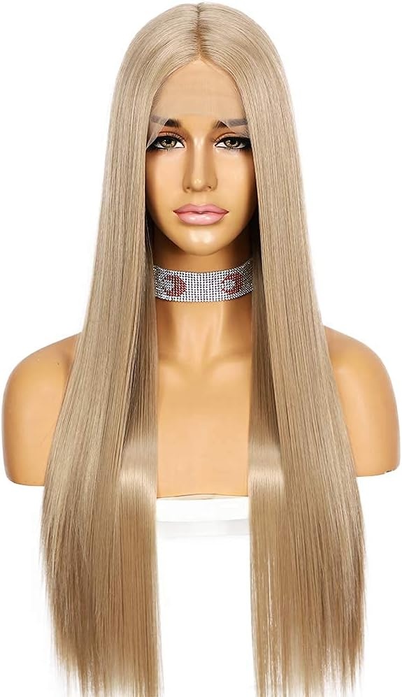 Pruik voor vrouwen Asblond Lang Recht Lace Front Middenscheiding Synthetisch Hittebestendig 150% Dichtheid 26 Inch