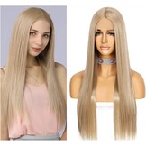 Pruik voor vrouwen Asblond Lang Recht Lace Front Middenscheiding Synthetisch Hittebestendig 150% Dichtheid 26 Inch