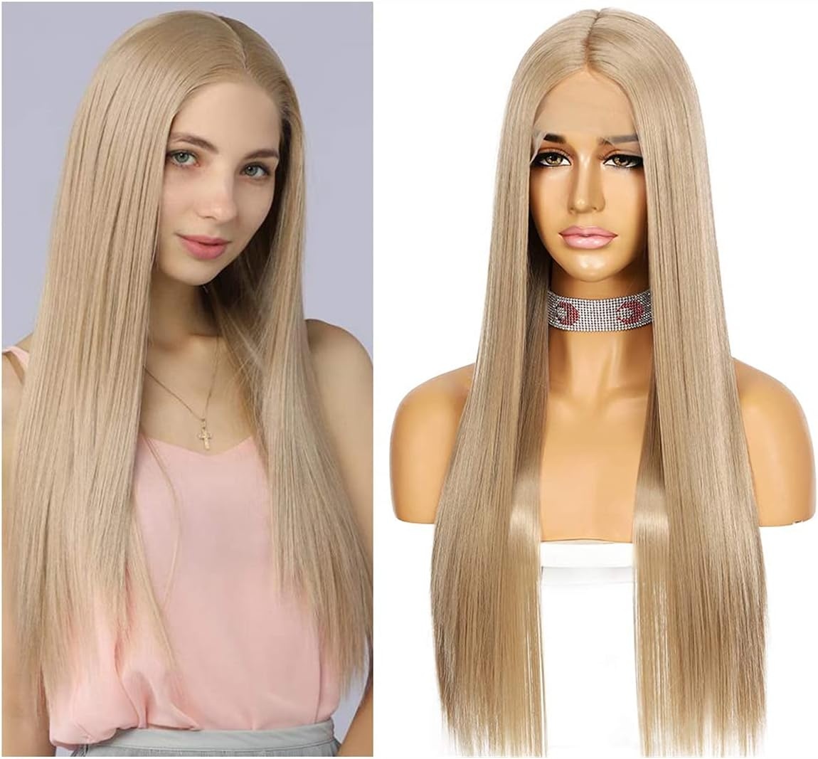 Pruik voor vrouwen Asblond Lang Recht Lace Front Middenscheiding Synthetisch Hittebestendig 150% Dichtheid 26 Inch