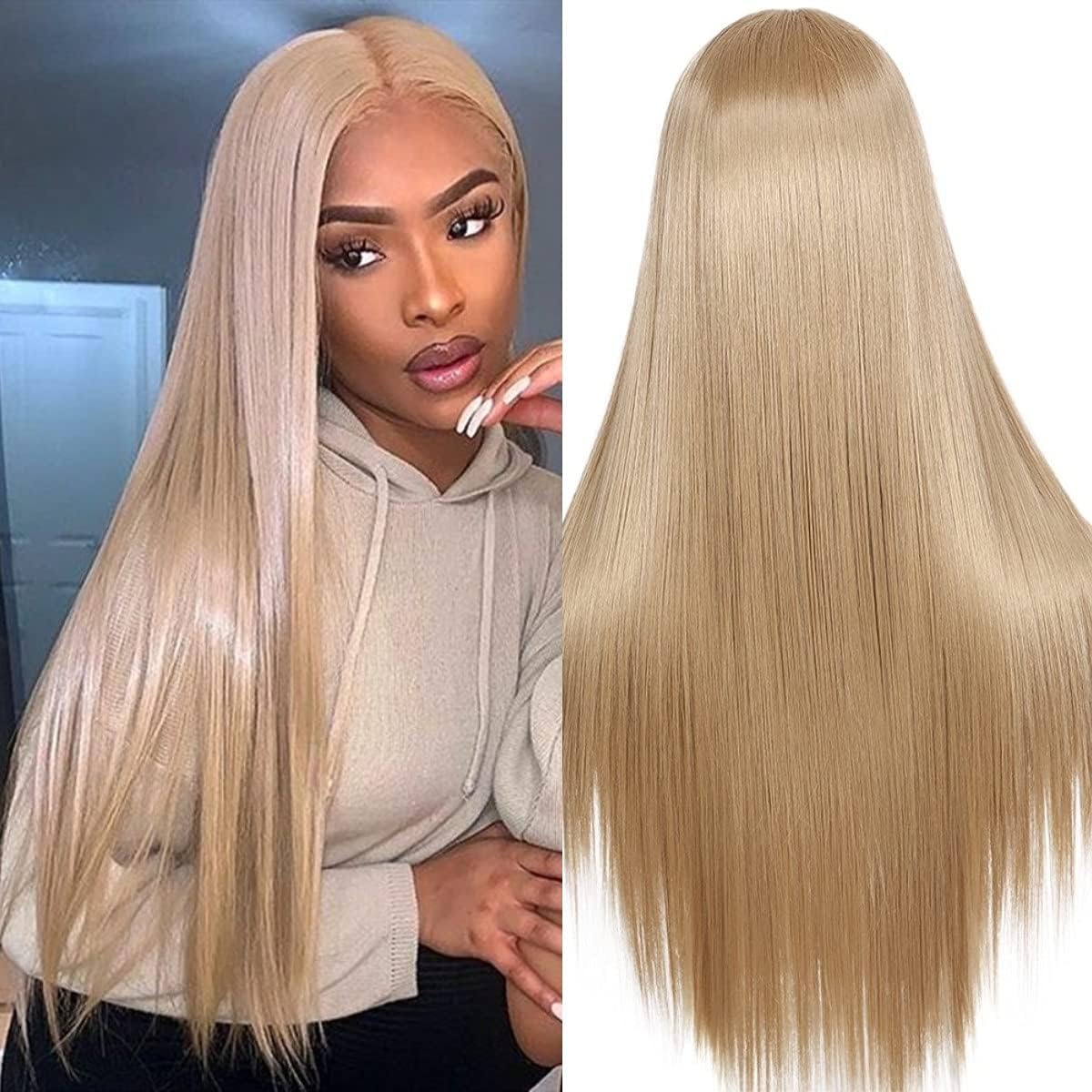 Ash Blonde Lange Rechte Pruik Vrouw - 63% Korting - Synthetisch 26"