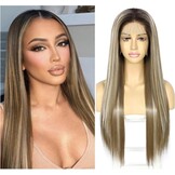 Pruik voor vrouwen Asblond Lang Recht Lace Front Middenscheiding Synthetisch Hittebestendig 150% Dichtheid 26 Inch