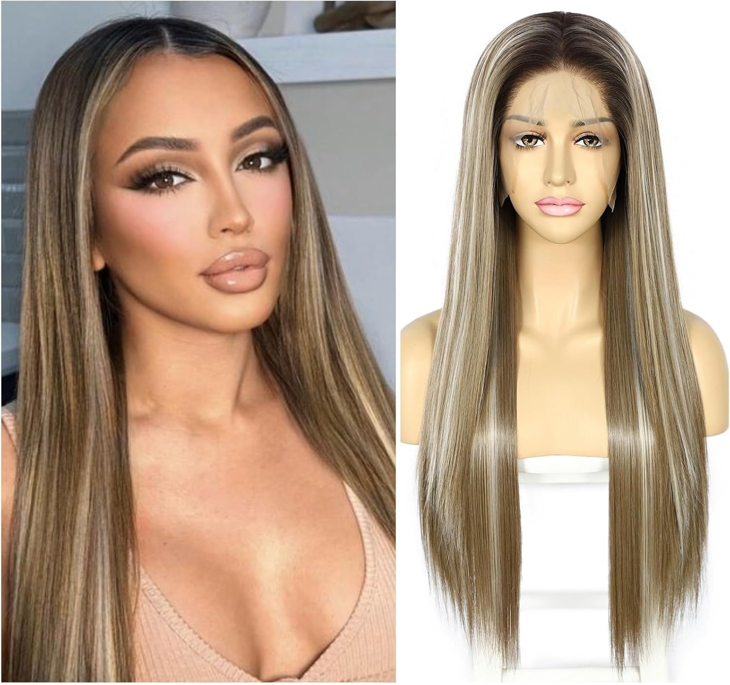 Pruik voor vrouwen Asblond Lang Recht Lace Front Middenscheiding Synthetisch Hittebestendig 150% Dichtheid 26 Inch