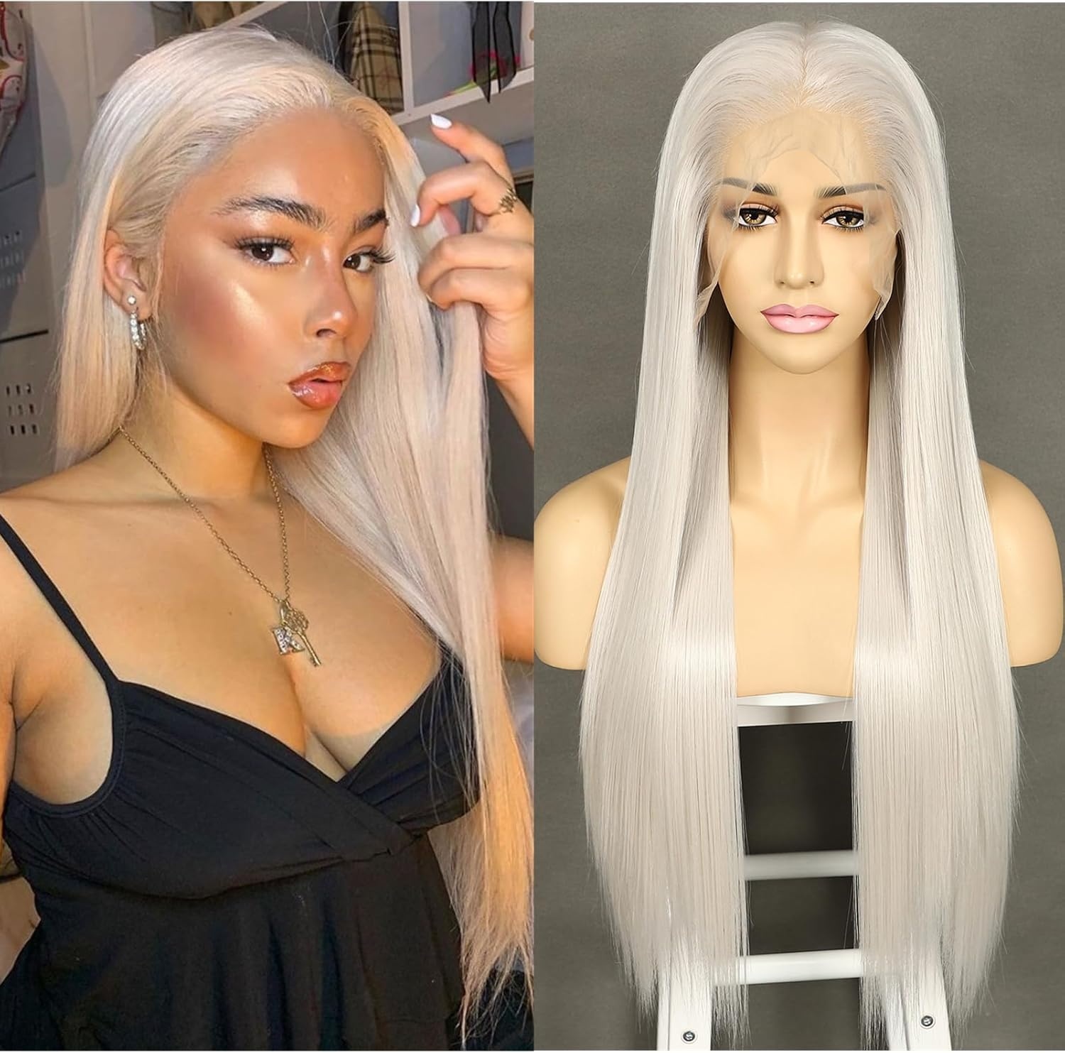 Pruik voor vrouwen Asblond Lang Recht Lace Front Middenscheiding Synthetisch Hittebestendig 150% Dichtheid 26 Inch