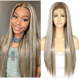 Ash Blonde Lange Rechte Pruik Vrouw - 63% Korting - Synthetisch 26"