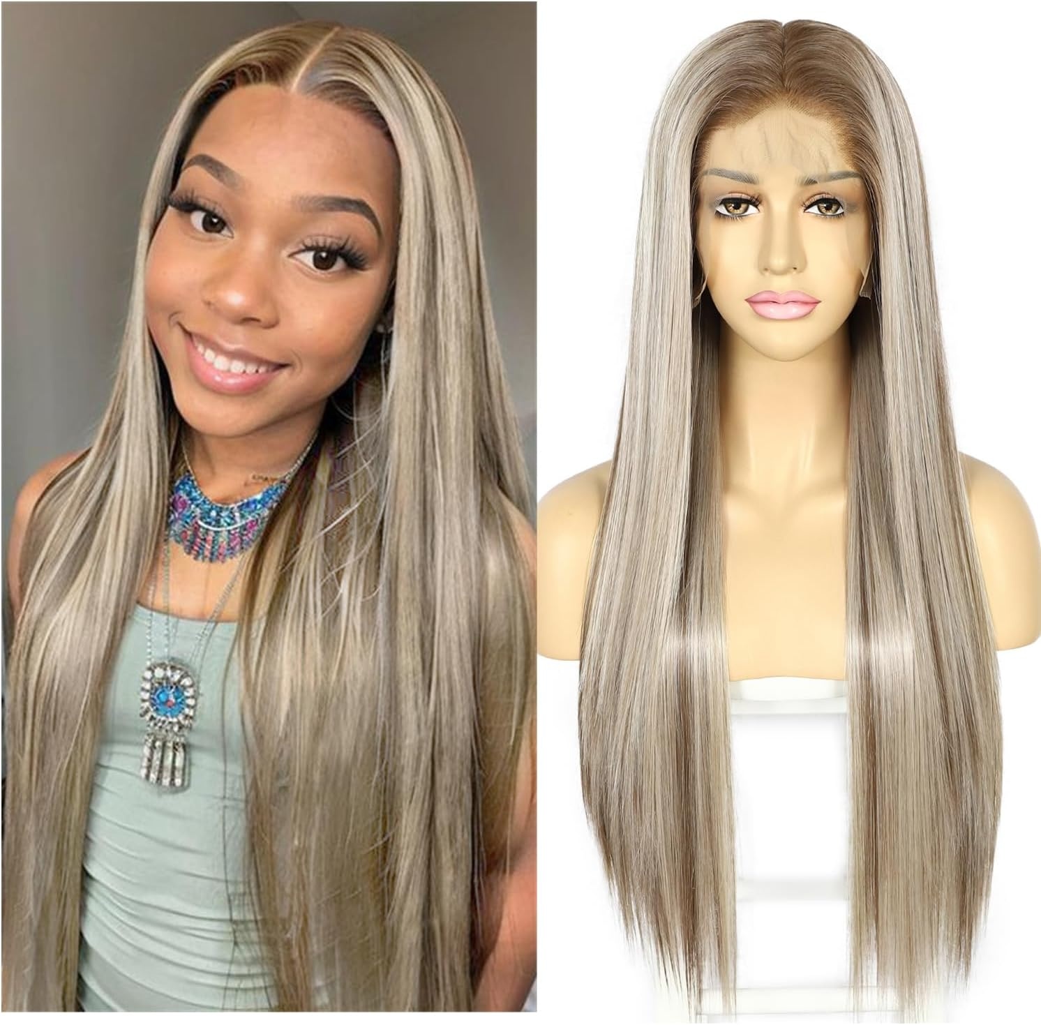 Pruik voor vrouwen Asblond Lang Recht Lace Front Middenscheiding Synthetisch Hittebestendig 150% Dichtheid 26 Inch