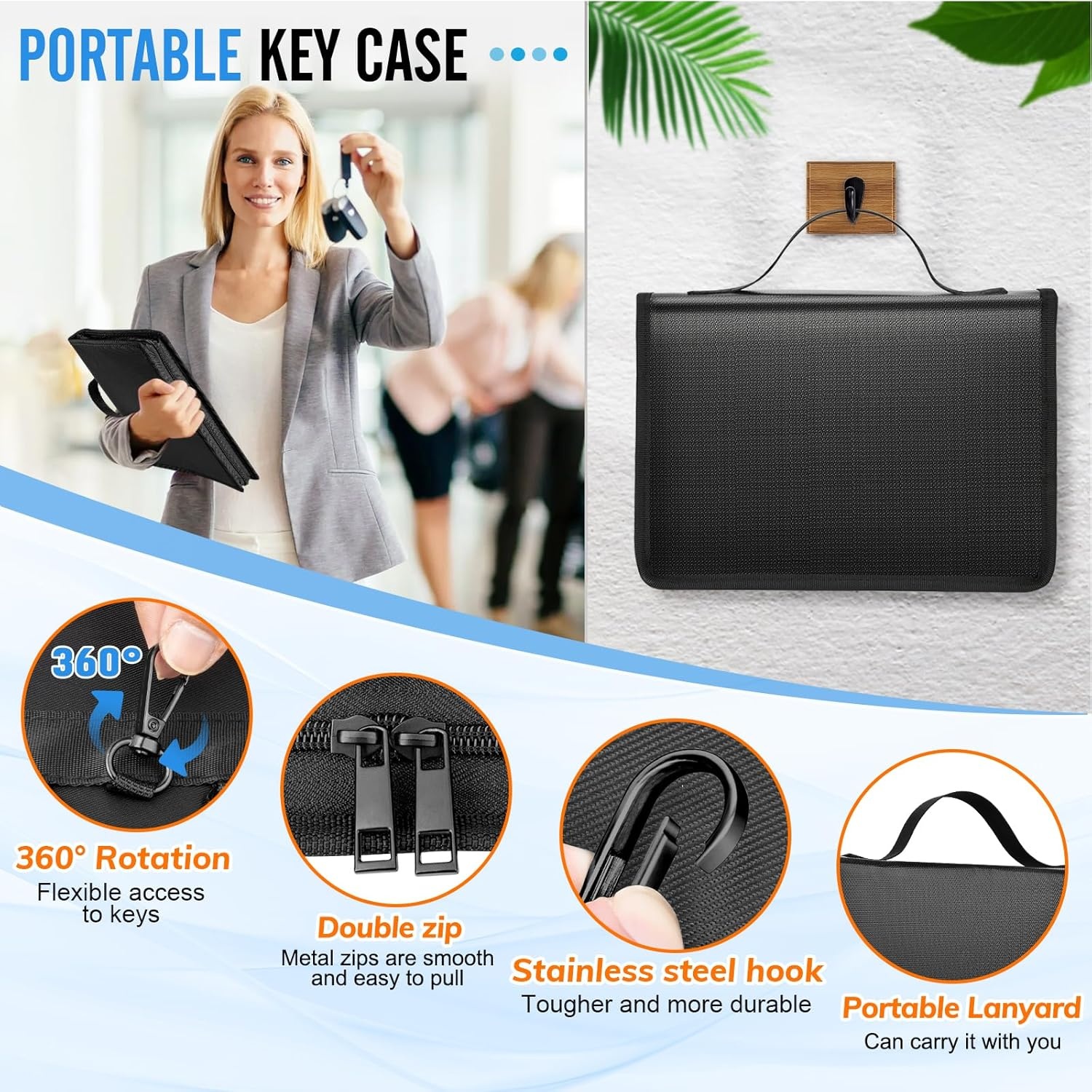 Draagbare Sleutelkluis met Rits, Waterdicht, 24 Haken, 2-Laags - 28,5x21x4 cm voor School, Kantoor & Fabriek