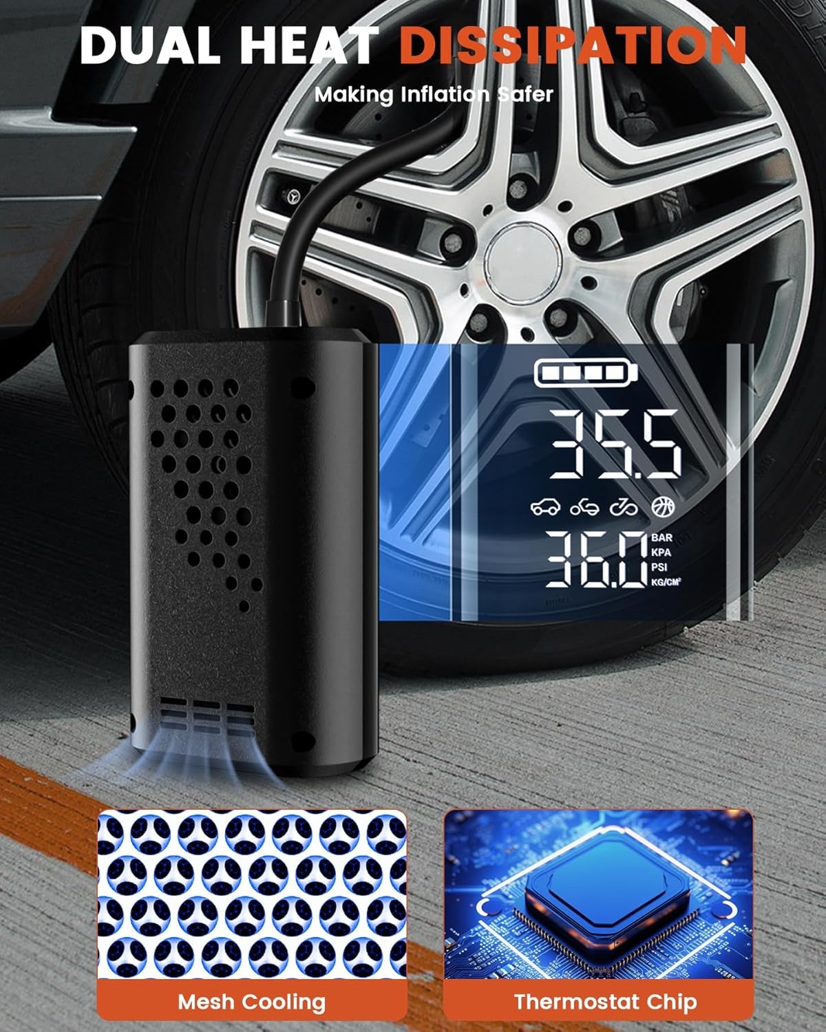 Draagbare luchtcompressor 150PSI met oplaadbare batterij voor auto, fiets, motor & bal - stopt automatisch