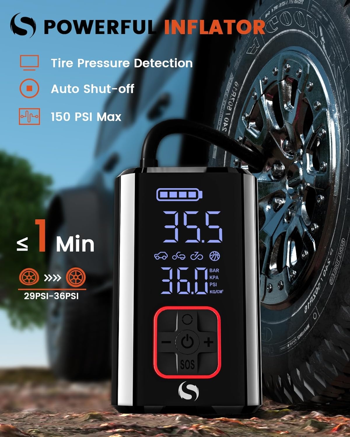 Draagbare luchtcompressor 150PSI met oplaadbare batterij voor auto, fiets, motor & bal - stopt automatisch