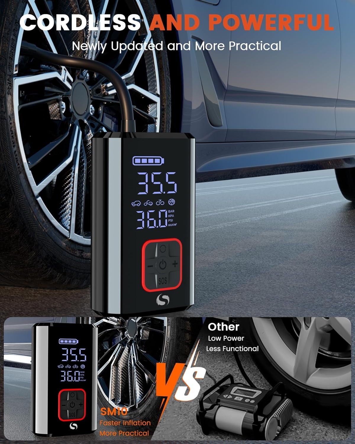 Draagbare luchtcompressor 150PSI met oplaadbare batterij voor auto, fiets, motor & bal - stopt automatisch