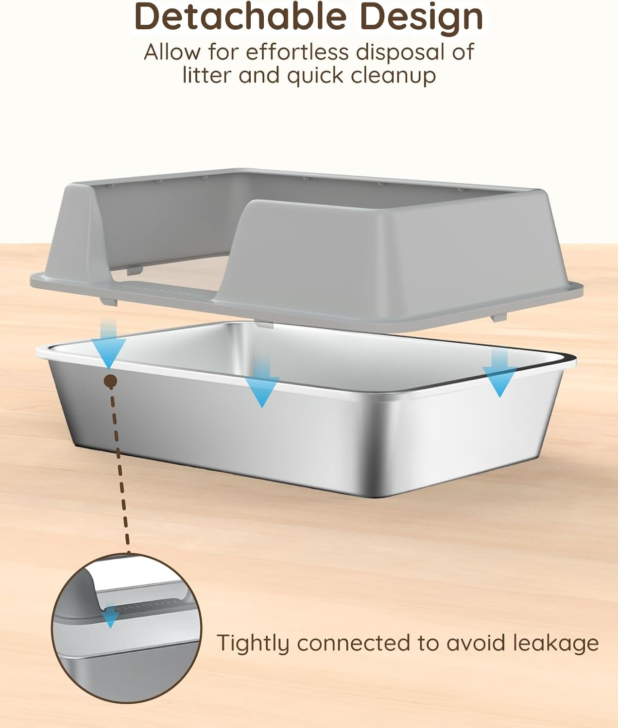 Kattenbak roestvrij staal halfgesloten met hoge afneembare rand, geurvrij, eenvoudig te reinigen, inclusief mat, 50x35x20 cm