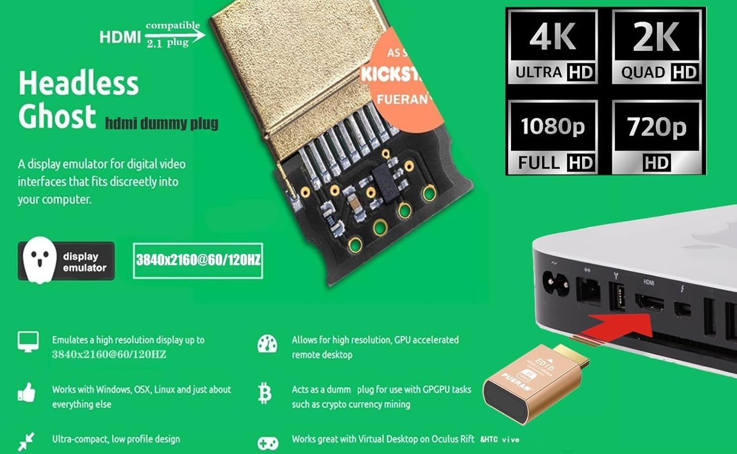 HDMI Dummy Plug 4K 120Hz - Virtual Display Emulator