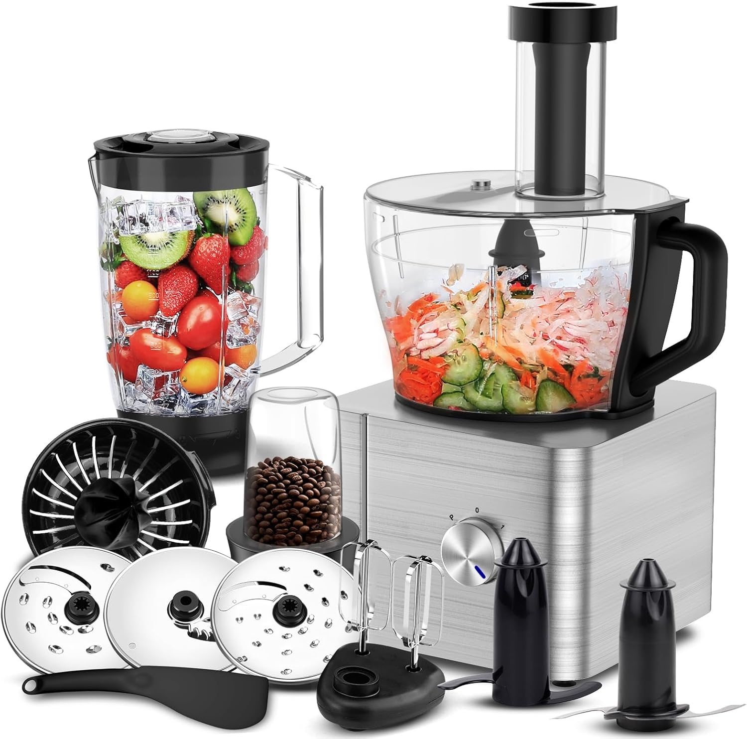 Keukenmachine 1100W, 3.2L mengkom, 1.5L mixer, 11-in-1 functies, deegkneden, hakken, malen, Zilver