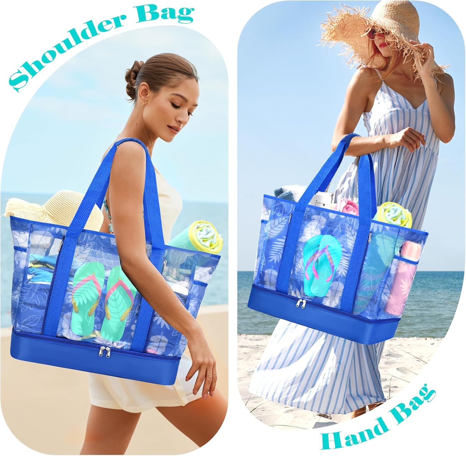 Grote strandtas dames met koelvak, mesh, rits, multi-pocket, sneldrogend, lichtgewicht en waterdicht voor zomer en vakantie