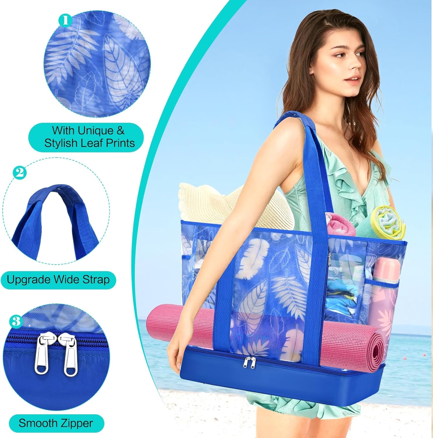 Grote strandtas dames met koelvak, mesh, rits, multi-pocket, sneldrogend, lichtgewicht en waterdicht voor zomer en vakantie