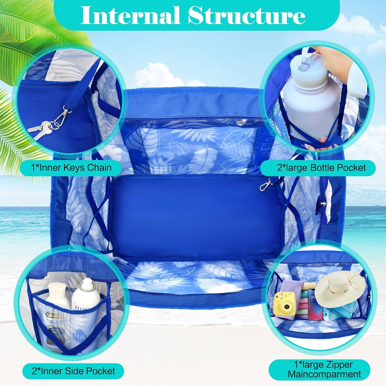 Grote strandtas dames met koelvak, mesh, rits, multi-pocket, sneldrogend, lichtgewicht en waterdicht voor zomer en vakantie