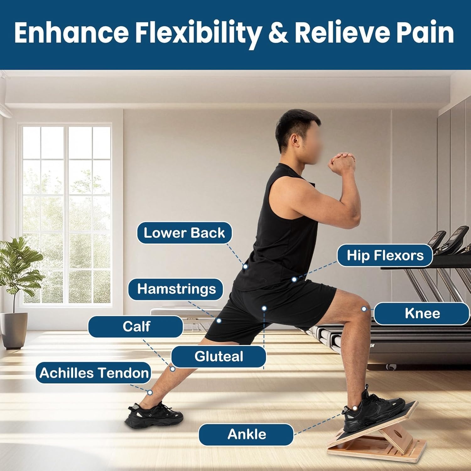 Schuine houten plank extra groot, 5 verstelbare hoeken, antislip voor stretching, flexibiliteitstraining en revalidatie, 158 kg draagvermogen