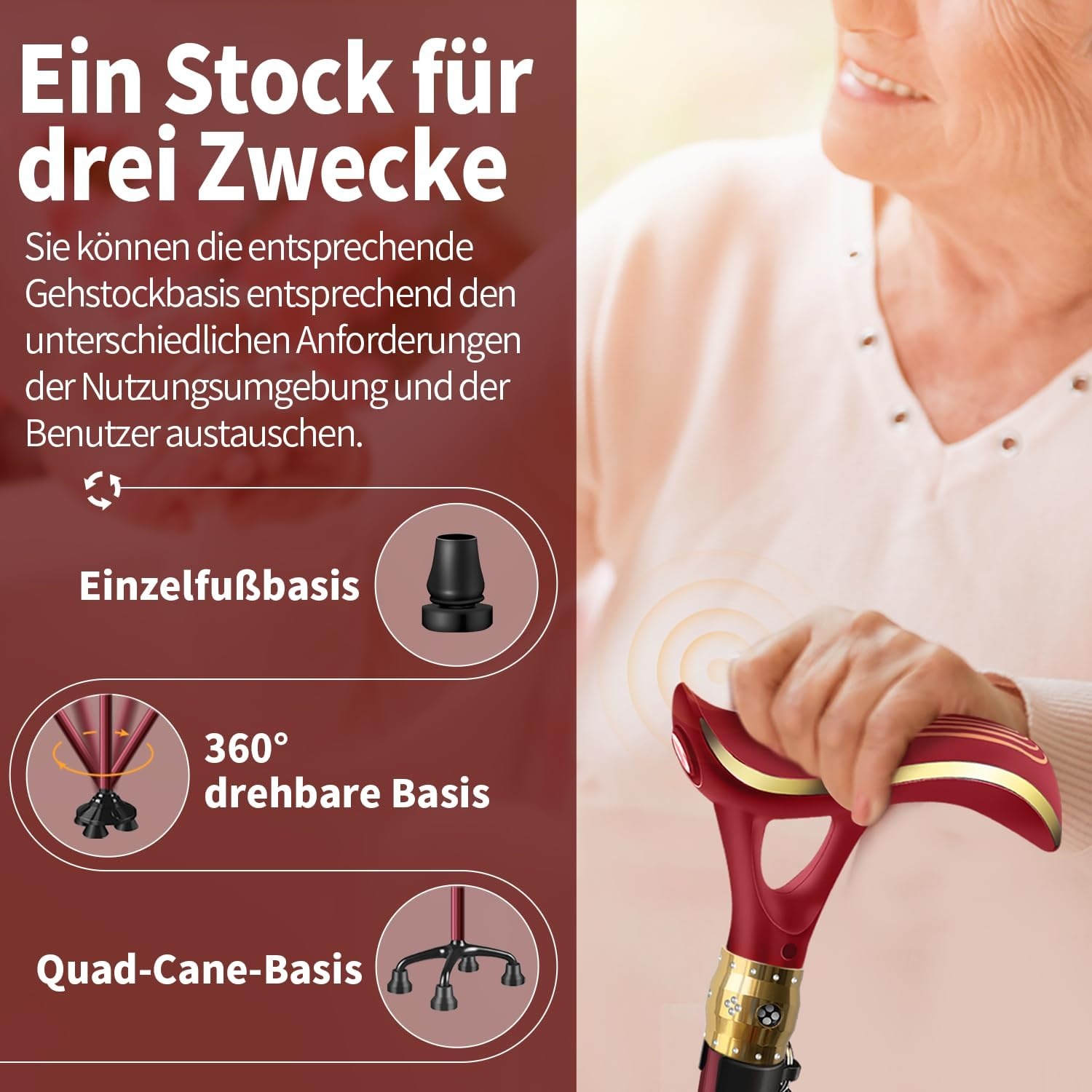 Multifunctionele wandelstok met alarm & LED-verlichting, 3 verwisselbare bases, voor heren, dames & senioren