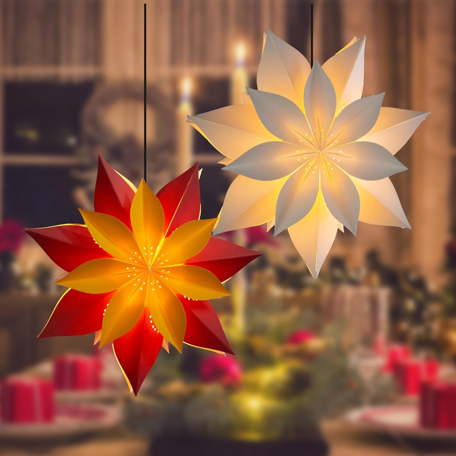 Kerstster decoratie 45cm (28%) wit/rood bloem design
