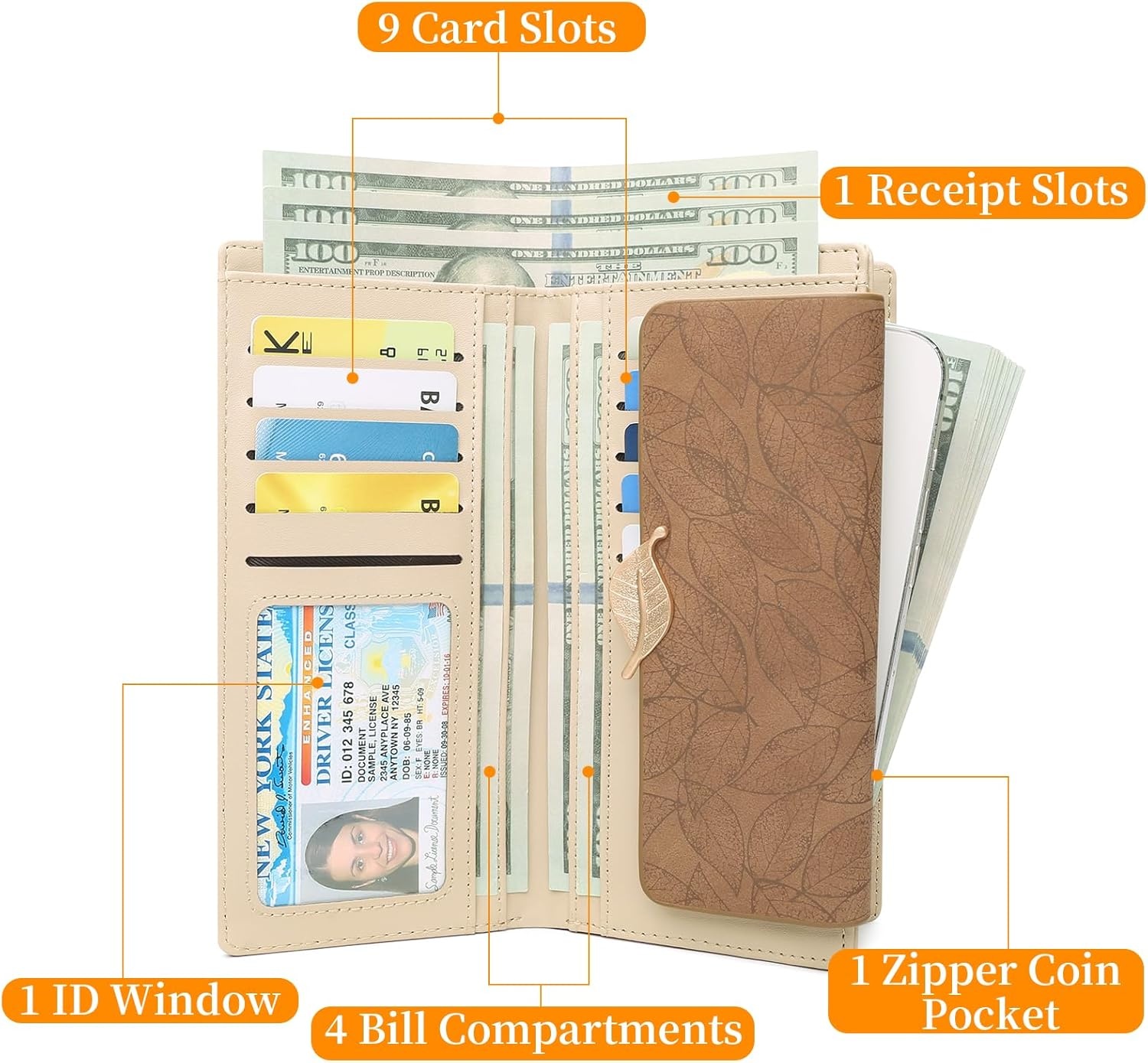 Dames Portemonnee Leer met Bladmotief - 33% Korting!