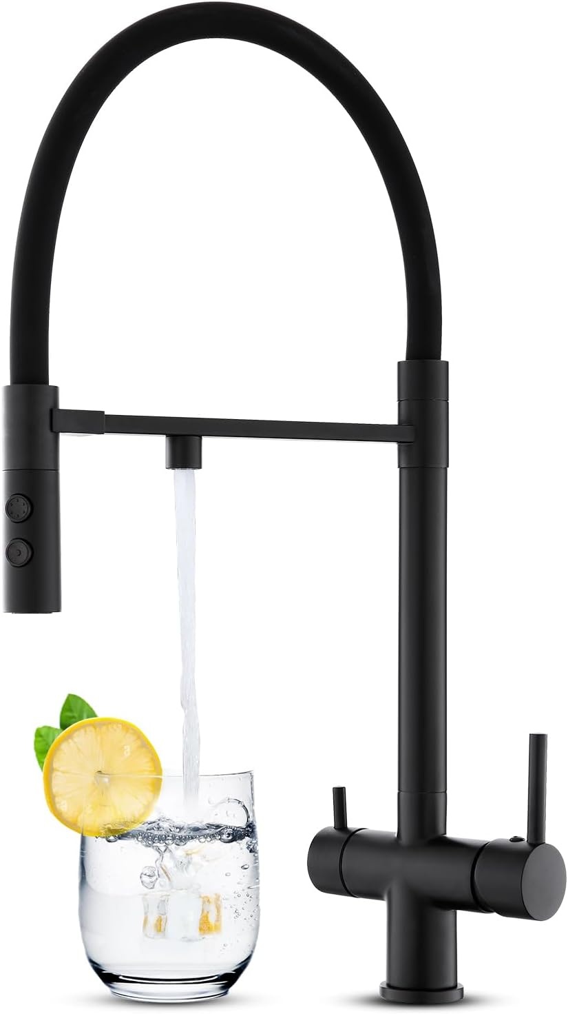 3-in-1 mengkraan zwart 360° draaibaar met uittrekbare douche 2 hendels voor waterfilter messing RVS