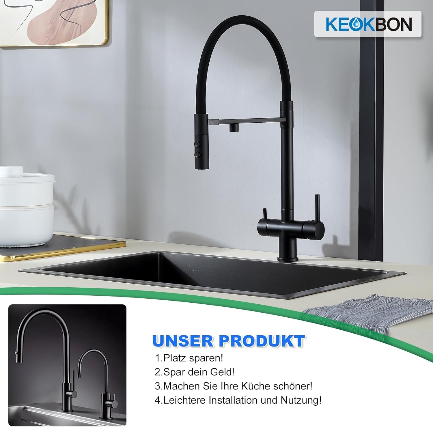 3-in-1 mengkraan zwart 360° draaibaar met uittrekbare douche 2 hendels voor waterfilter messing RVS