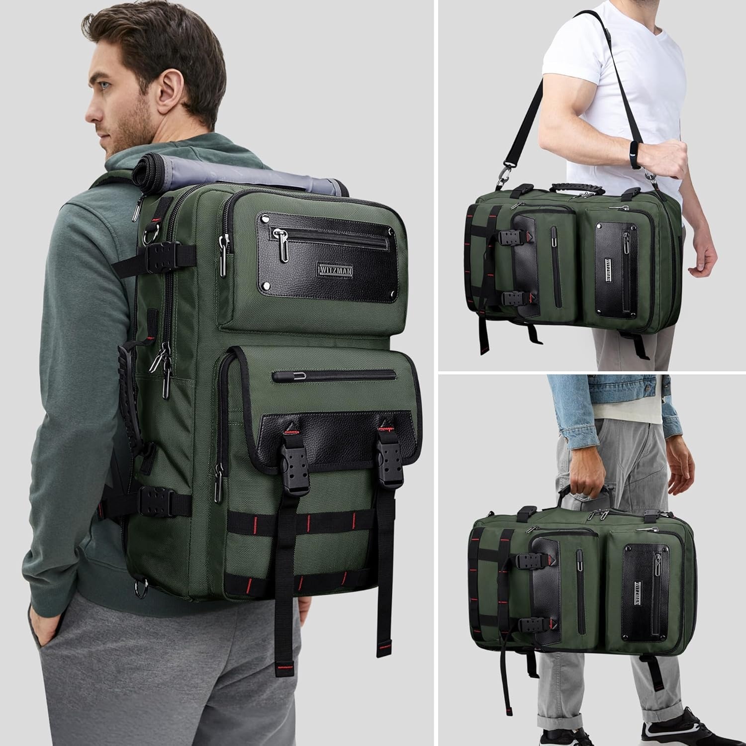 Reisrugzak voor mannen, handbagage goedgekeurd, geschikt voor 17 inch laptop, multifunctionele duffel tas van nylon en leer