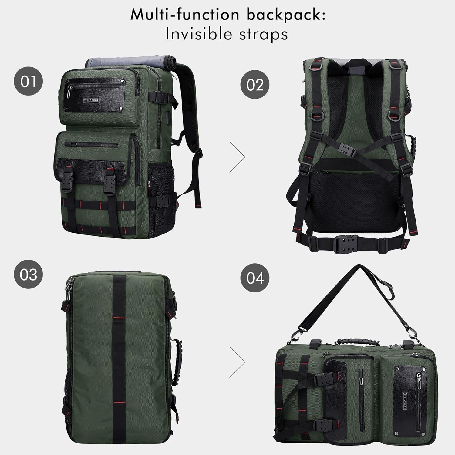 Reisrugzak voor mannen, handbagage goedgekeurd, geschikt voor 17 inch laptop, multifunctionele duffel tas van nylon en leer