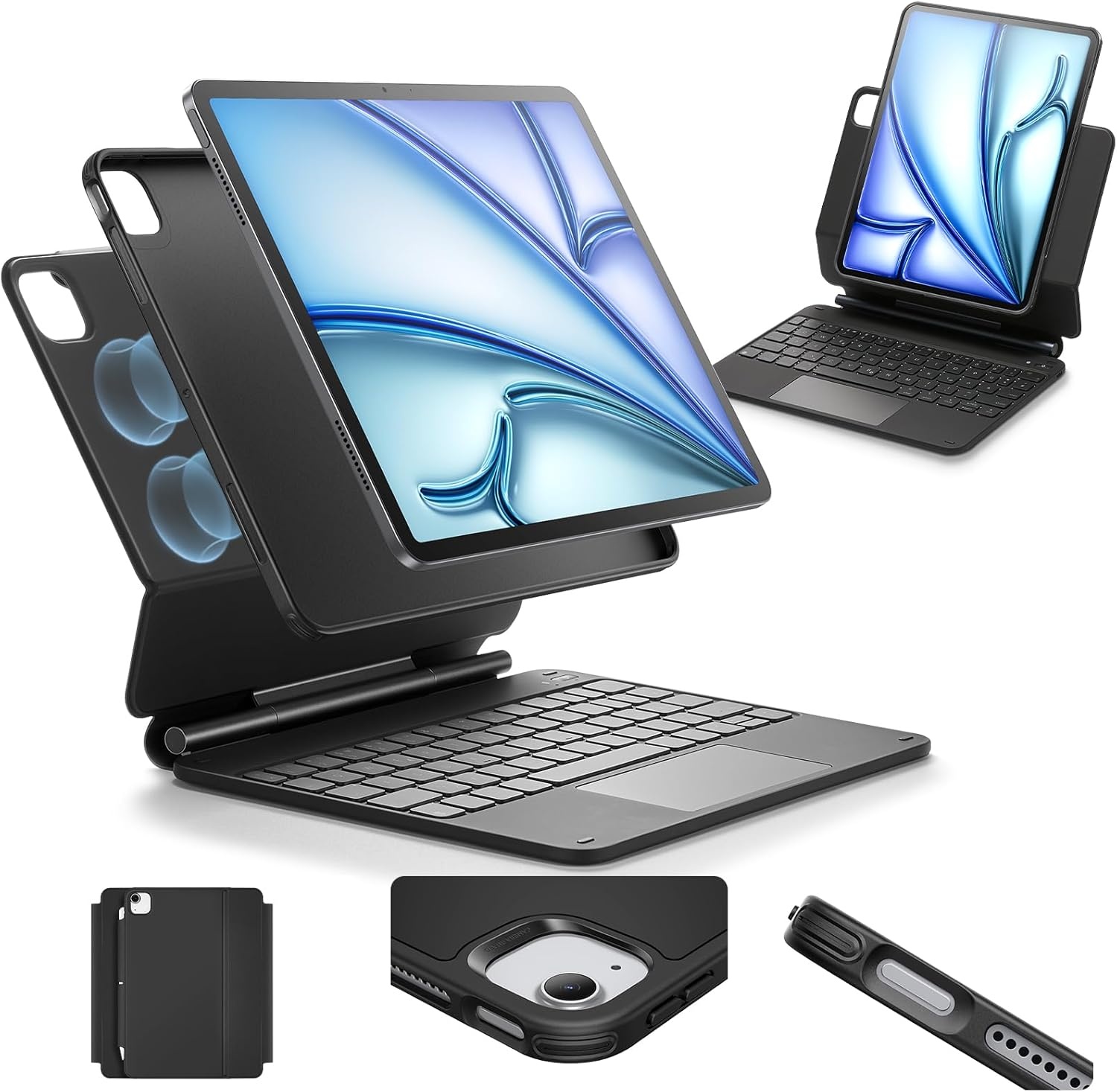 Toetsenbordhoes voor iPad Air 11" (M2 2024), Pro 11, Air 6/5/4 met magnetische standaard, verlichte toetsen, multi-touch trackpad, antraciet